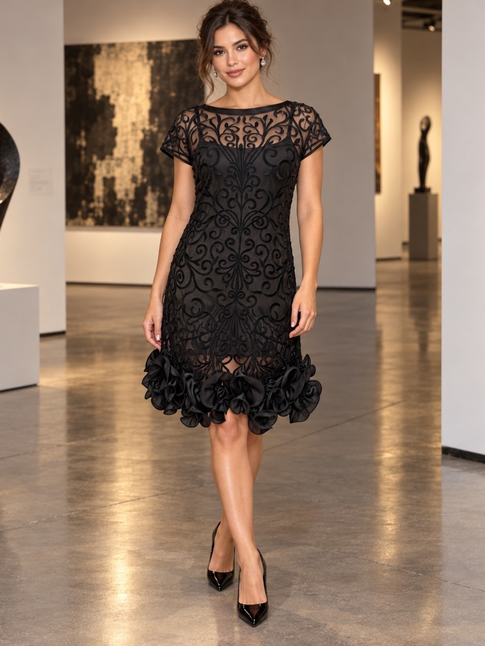 Untagged Black Sheer Embroidered Mesh Rosette Hem Dress XS